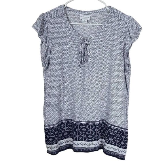 Liz Claiborne Blue Flutter Sleeve Border Print Lace Up Blouse Medium Tunic Top - Picture 8 of 8